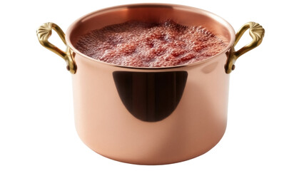 Copper pot with boiling red liquid isolated PNG, cooking pot with handles on transparent background, kitchenware for food preparation