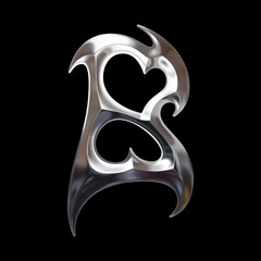 3D chrome letter B with curved tribal structure and cybersigilism aesthetic