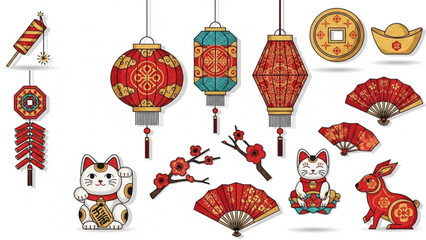 Chinese New Year icons traditional lanterns lucky cats firecrackers and gold ingot for festive celebration design isolated on wh