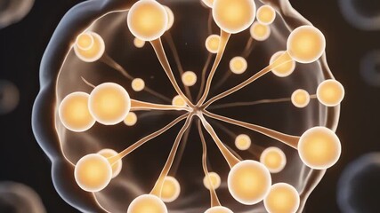 Apoptotic signaling molecules moving through the cytoplasm, represented as glowing particles drifting toward the nucleus. Enzymatic cascades activate in controlled waves