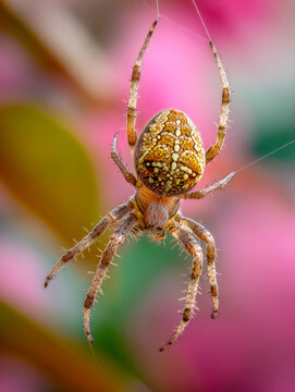 Detailed macro shot of a patterned garden spider hanging delicately on its web with a colorful blurred background of natural foliage and blossoms