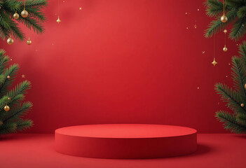 Red Christmas background with empty platform table and fir tree branches. Holiday and new year celebration mockup template.
