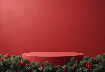 Red Christmas background with empty platform table and fir tree branches. Holiday and new year celebration mockup template.