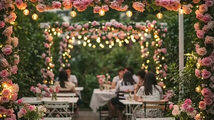 Romantic outdoor dining experience with floral decorations and string lights.
