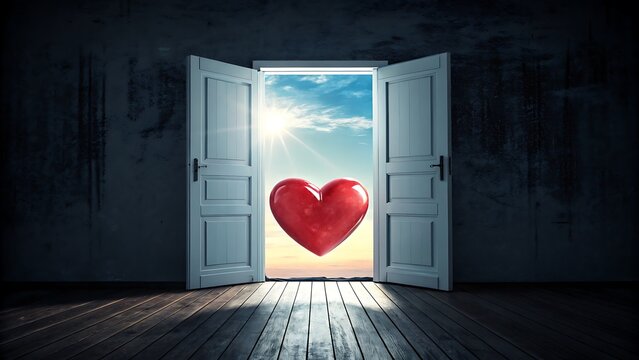 Heart's Gateway: An open door frame the scene, with a vibrant heart floating in the sunlight. This evocative image invites viewers to explore the themes of love and new beginnings. 
