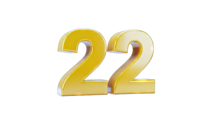 Golden Number 22 Isolated on White Background