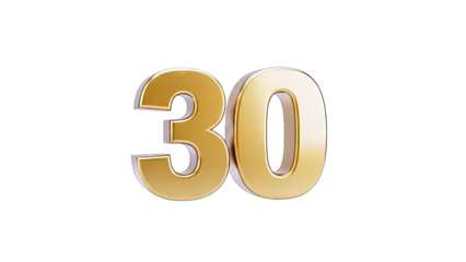 Golden Number 30 Isolated on White Background