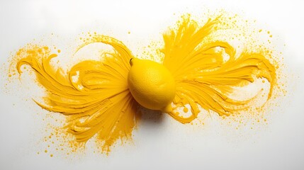Yellow charcoal smoke scattered aesthetically on white background with a lemon fruit on top