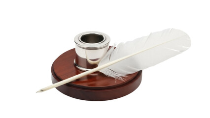 Antique quill pen and inkwell PNG isolated on transparent background, vintage writing instrument for calligraphy and historical design