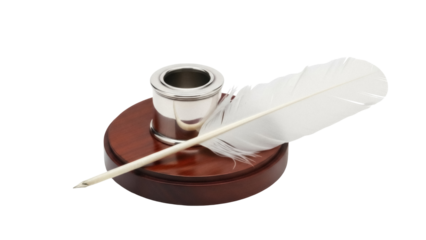 Antique quill pen and inkwell PNG isolated on transparent background, vintage writing instrument for calligraphy and historical design