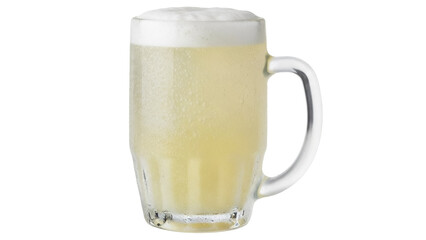 Refreshing beer mug with foam isolated PNG, light yellow lager in glass with handle for summer refreshment and celebration on transparent background