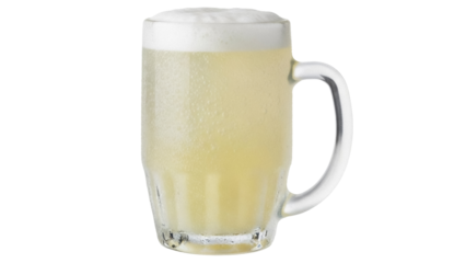 Refreshing beer mug with foam isolated PNG, light yellow lager in glass with handle for summer refreshment and celebration on transparent background