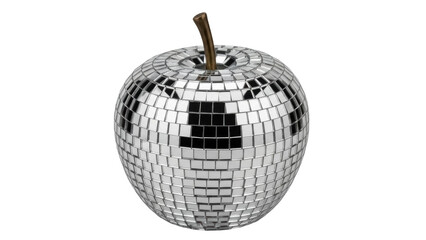 Shiny disco apple isolated PNG, mirrored fruit with stem on transparent background, party decoration and funky design element