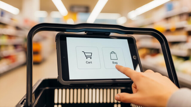 スーパーマーケットでスマートショッピングカートのタブレット画面を操作する買い物客の手元