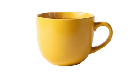 Vibrant yellow ceramic mug isolated PNG on transparent background, modern coffee cup for hot beverages and kitchenware design