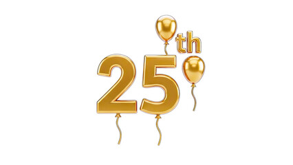 Golden 25th Anniversary Balloons on White Background