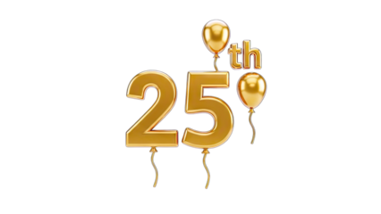 Golden 25th Anniversary Balloons on White Background