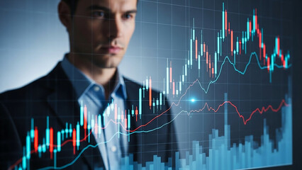 Businessman analyzing stock market trends on digital screen