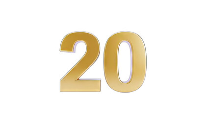 Golden Number 20 Isolated on White Background