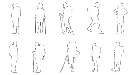 Set of 10 realistic hiker silhouettes with backpacks and trekking poles in natural walking and resting poses. Perfect for architectural visualization, outdoor concepts, travel design maps.