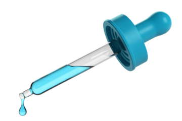 Blue liquid dropper pipette isolated on black background, glossy 3D medical illustration