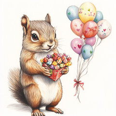 Fototapeta premium squirrel with a gift and balls holiday card