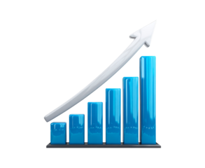 Growth concept with blue bar graph and upward arrow on transparent background