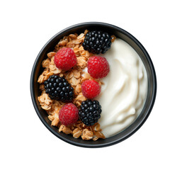 Fresh berries and granola on greek yogurt in black bowl for healthy breakfast on transparent background
