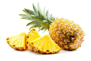 A vibrant and colorful pineapple, with a ripe yellow exterior and juicy interior, is prominently displayed on a white background.