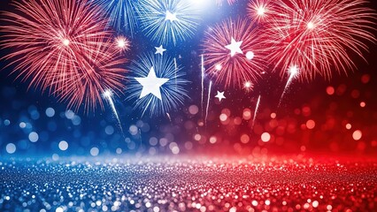 Spectacular Red White Blue Fireworks Display: Patriotic Stars & Bokeh Lights for 4th of July, Holidays, Celebrations & National Pride - Vibrant Night Sky Explosion