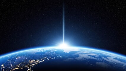 Stunning view of Earth from space with a bright beam of light emanating from the surface, symbolizing innovation and discovery