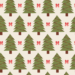 Cute festive pattern with Christmas trees and red bows. Vector hand-drawn flat illustration. Perfect for holiday and season designs, cards, decorations, wallpaper, wrapping paper, textile.