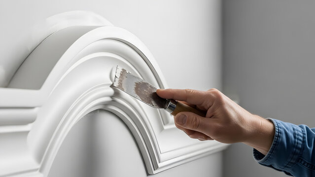 Smoothing drywall compound on decorative white molding | Hand holding putty knife applying caulk to architectural arch trim | Detailed home improvement and renovation finishing work 