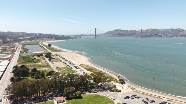 San Francisco USA, Drone Shot of Crissy Field Park and Beach, Bay and Holden Gate Bridge on Sunny Day