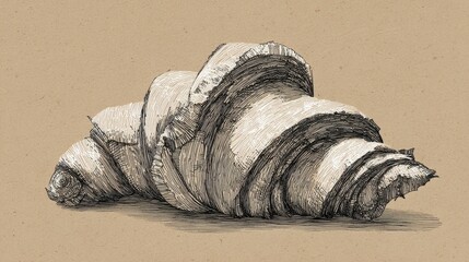 A detailed, monochrome pen-and-ink drawing of a freshly baked croissant on a textured tan paper background. The light source creates shadowing