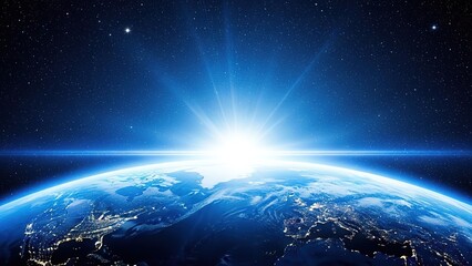 Breathtaking Sunrise Over Earth From Space: Brilliant Sun Rays Illuminating Continents, City Lights, Blue Oceans, and Starry Night Sky - Stunning Orbital View