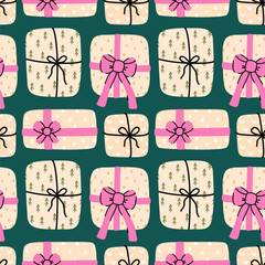 Cute festive pattern with gifts. Vector hand-drawn illustration in a flat style. Perfect for holiday, Christmas, season designs, cards, decorations, wallpaper, wrapping paper, textile.