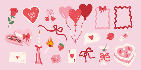 Valentines Day and love trendy element set in flat style with hearts, gifts and cute romantic icons.