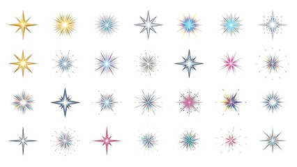 Decorative sparkle and starburst elements set isolated on white background