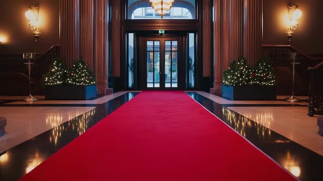 Guests entering the hallway are captivated by the stunning red carpet, enriching the elegant decor and creating an unforgettable ambiance for grand events, making it an elite space for celebrations
