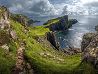Scenic rugged rocky coastal cliffs covered in vibrant green grass with a winding stone path overlooking calm sea waters under an overcast sky