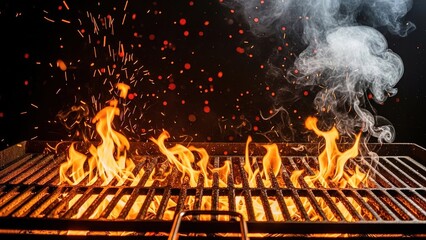 Intense Barbecue Grill Flames, Smoke & Sparks on Dark Background: Perfect for Outdoor Cooking, Summer Grilling, BBQ Parties, Food Photography & Culinary Themes
