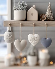 Christmas heart decorations hanging from a rustic wooden shelf.