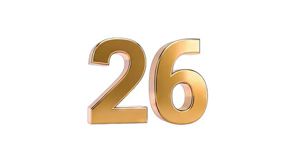 Golden 3D Number 26 on White Background