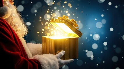 Magical Christmas Gift: Santa Claus Hands Open Glowing Golden Box with Enchanting Light & Sparkle Particles, Festive Bokeh Background - Wonder, Holiday Spirit, Xmas Present