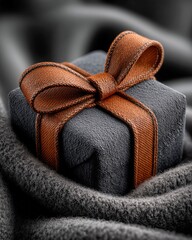Fabric gift box with an orange ribbon on a cozy sweater.