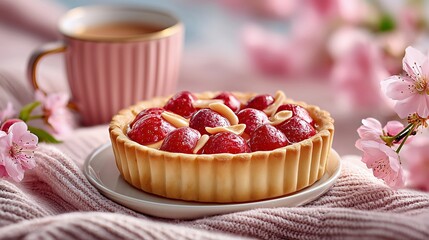 Strawberry tartlet dessert with pink tea for spring breakfast.