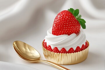 Elegant strawberry cupcake with whipped cream and a golden spoon.
