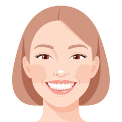 Young woman smiling with perfect teeth and short hair on white background  