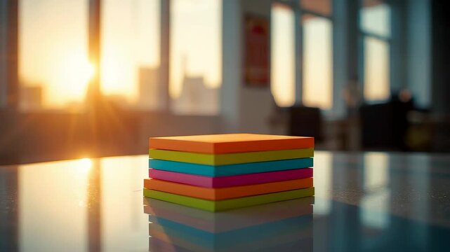 Colorful sticky notes stacked on modern office desk with warm sunlight through windows creating a clean productive workspace planning concept